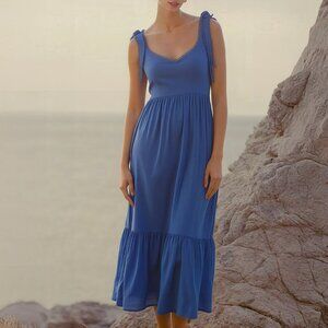 New York & Company Tie Shoulder Smocked Maxi Sun Dress Size MEDIUMMEDIUM / BLUE